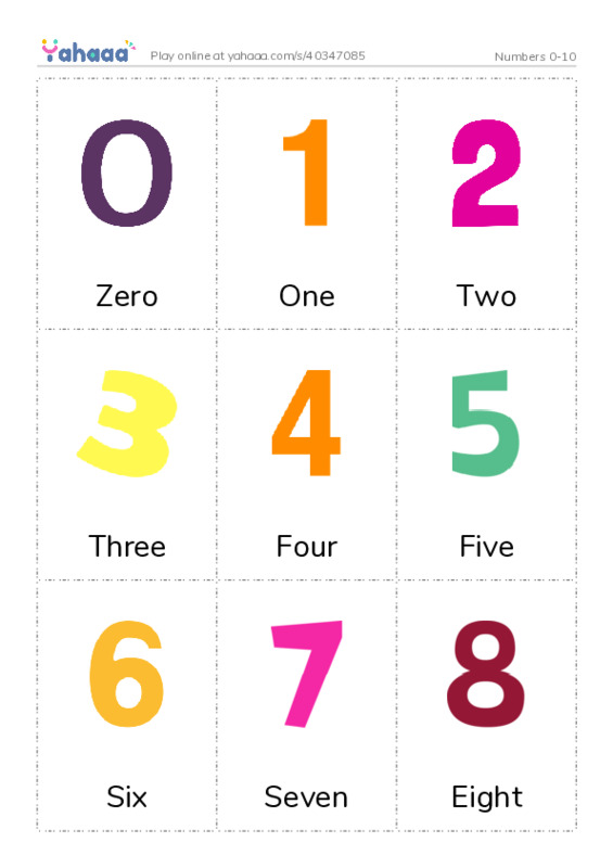 Picture flashcards worksheet for Numbers 0-10