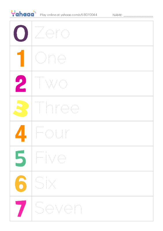 Picture and word rows worksheet for Numbers 0-10