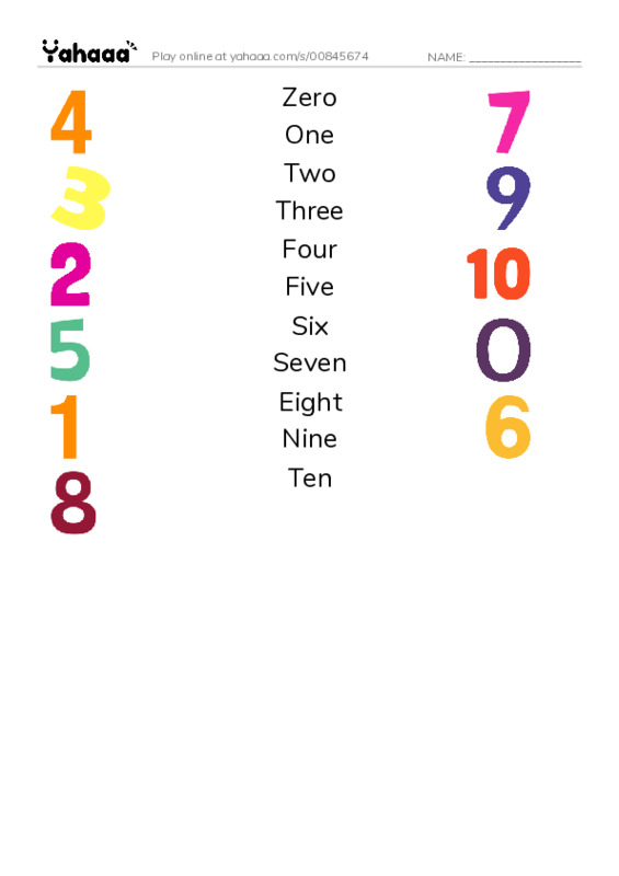 Match both sides worksheet for Numbers 0-10