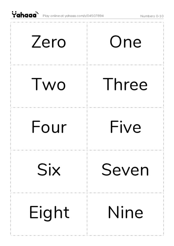 Word flashcards worksheet for Numbers 0-10