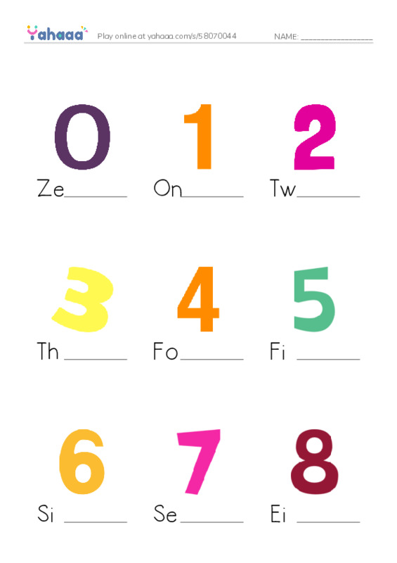 Finish the word worksheet for Numbers 0-10