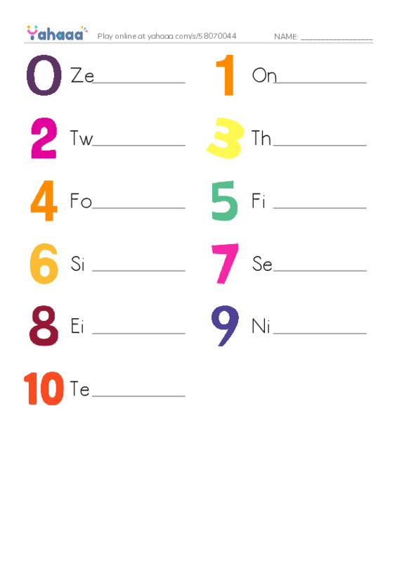 Write the word rows worksheet for Numbers 0-10