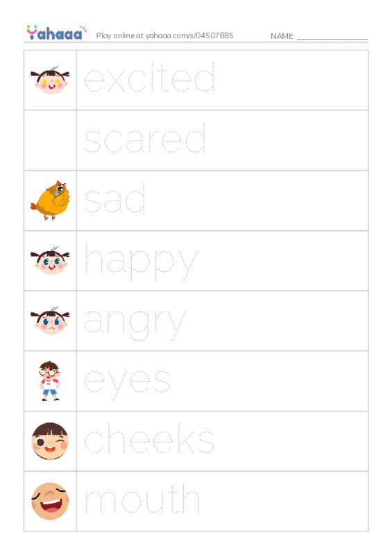 Picture and word rows worksheet for My face and emotions