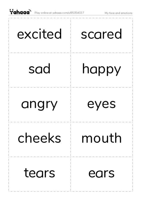 Word flashcards worksheet for My face and emotions
