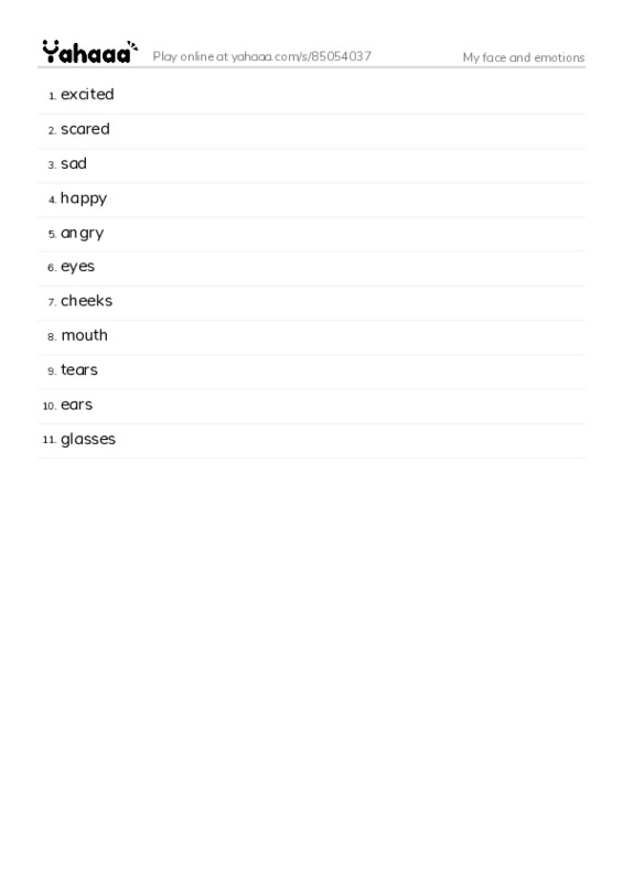 Word list with meanings worksheet for My face and emotions