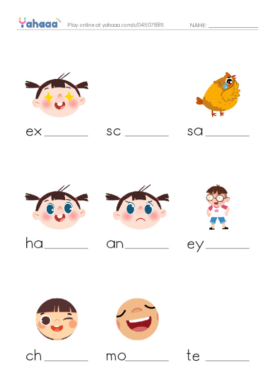 Finish the word worksheet for My face and emotions