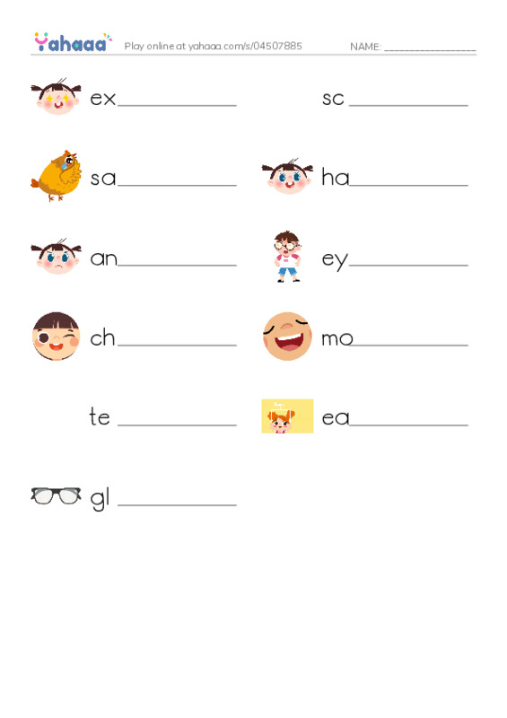Write the word rows worksheet for My face and emotions