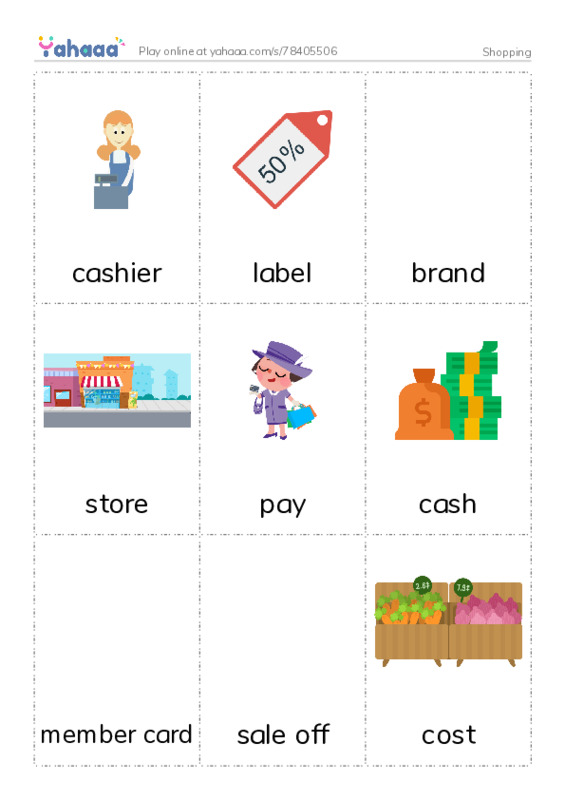 Picture flashcards worksheet for Shopping