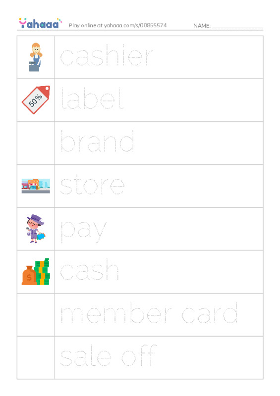 Picture and word rows worksheet for Shopping