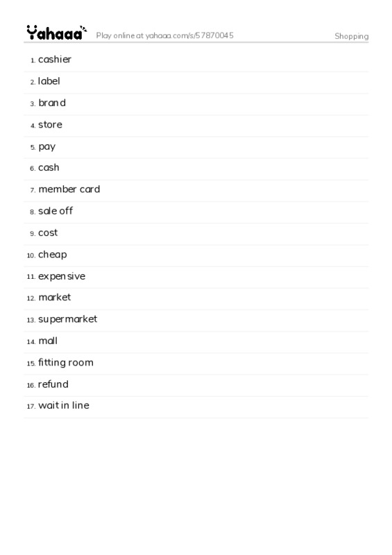 Word list with meanings worksheet for Shopping