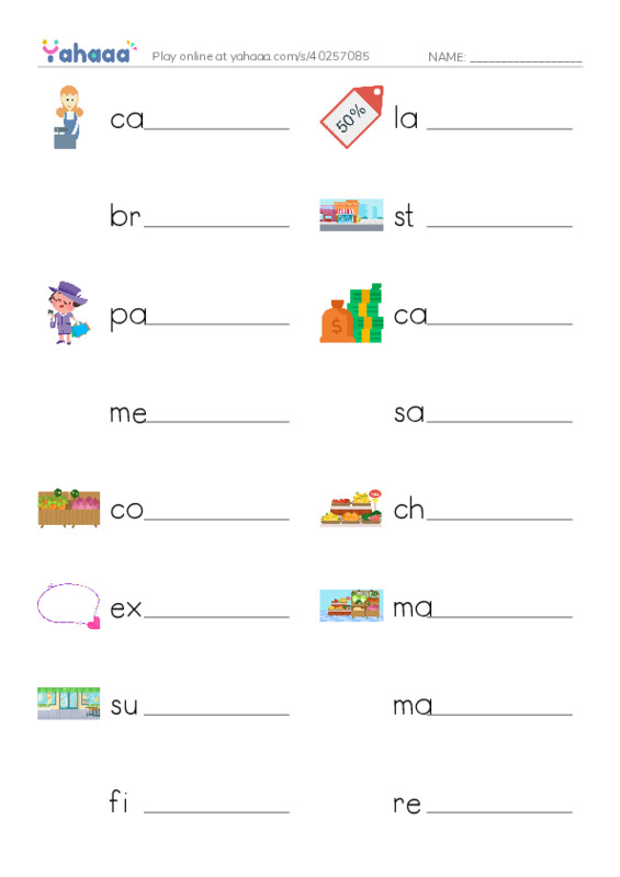 Write the word rows worksheet for Shopping