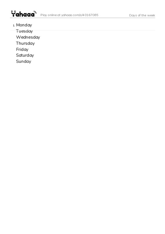 Word list with meanings worksheet for Days of the week