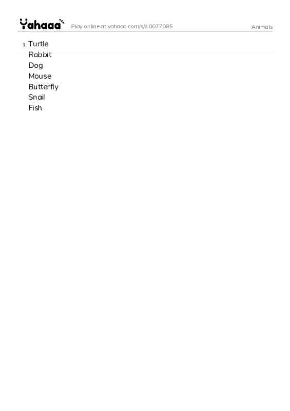Word list with meanings worksheet for Animals