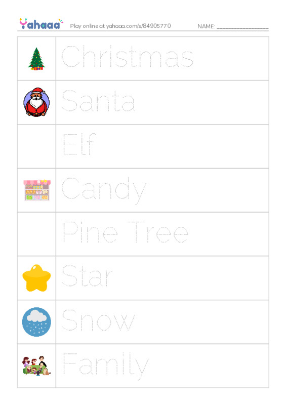 Picture and word rows worksheet for Christmas