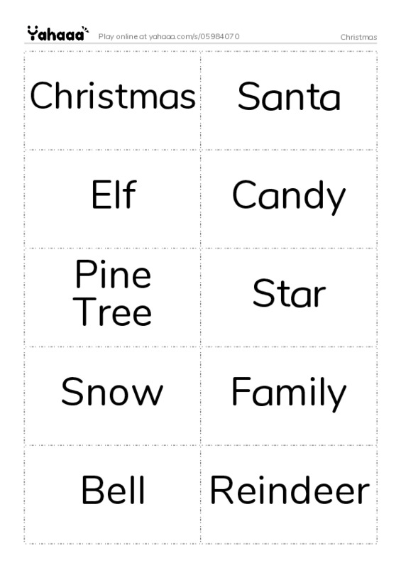 Word flashcards worksheet for Christmas