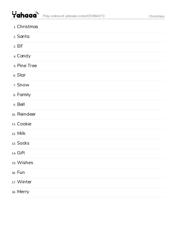 Word list with meanings worksheet for Christmas