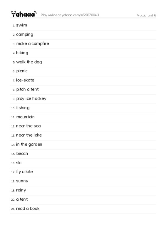 Word list with meanings worksheet for Vocab unit 6