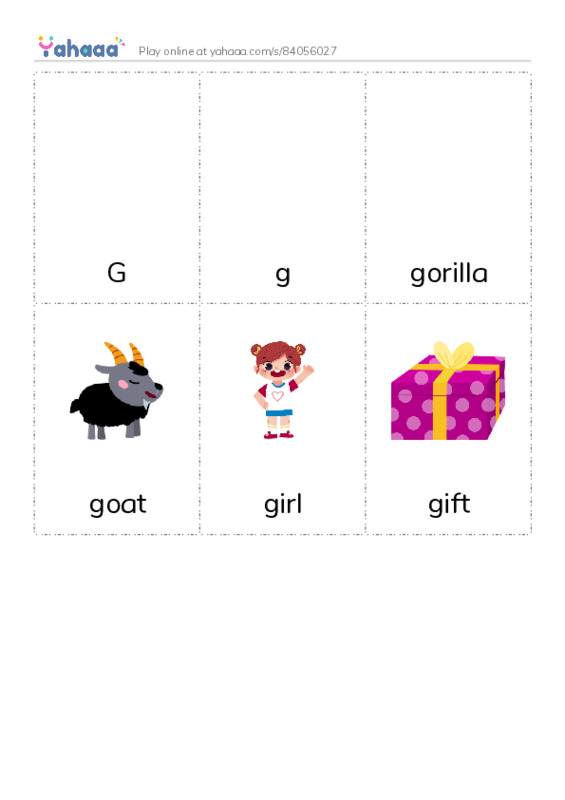 Picture flashcards worksheet for G, g, gorilla and 3 more