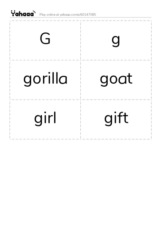 Word flashcards worksheet for G, g, gorilla and 3 more