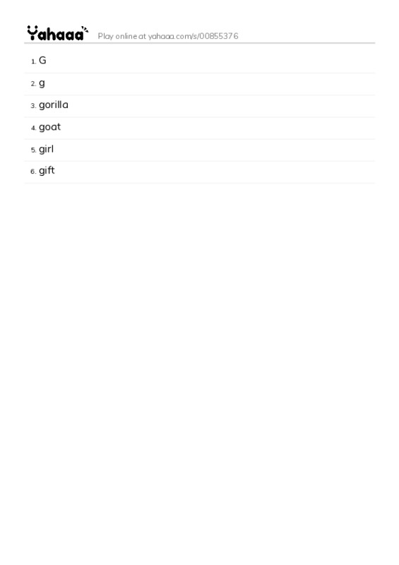 Word list with meanings worksheet for G, g, gorilla and 3 more