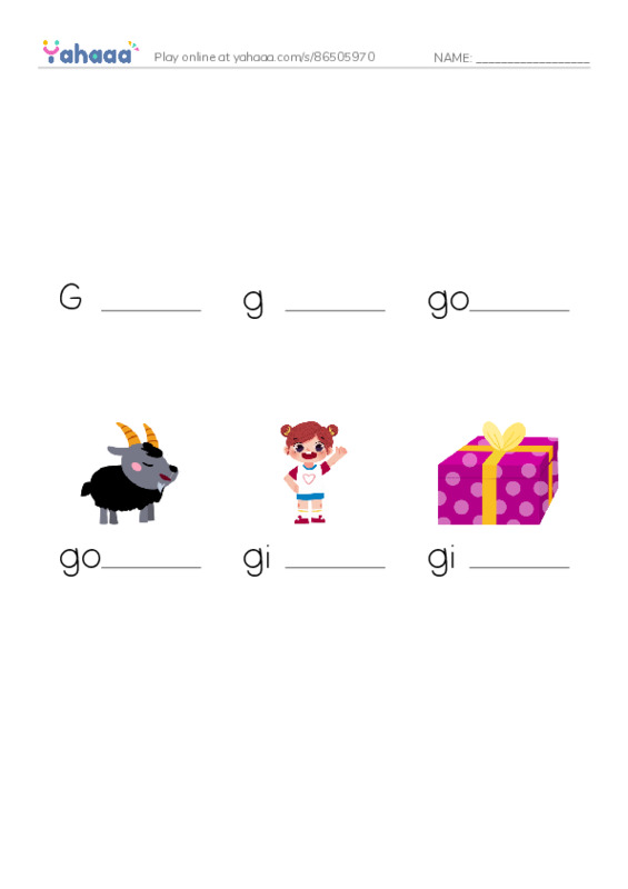 Finish the word worksheet for G, g, gorilla and 3 more