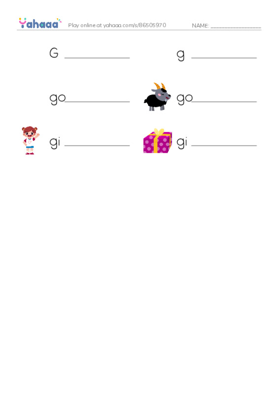 Write the word rows worksheet for G, g, gorilla and 3 more