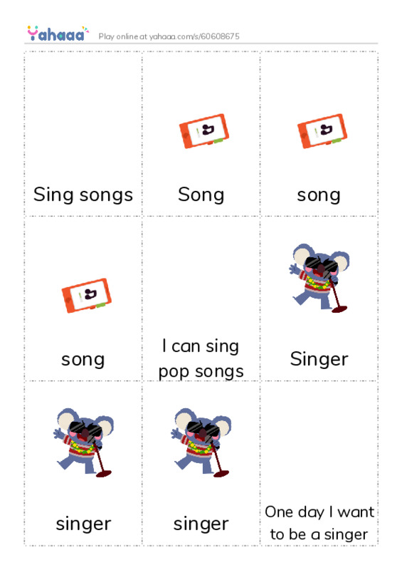 Picture flashcards worksheet for Sing songs, Song, song and 10 more