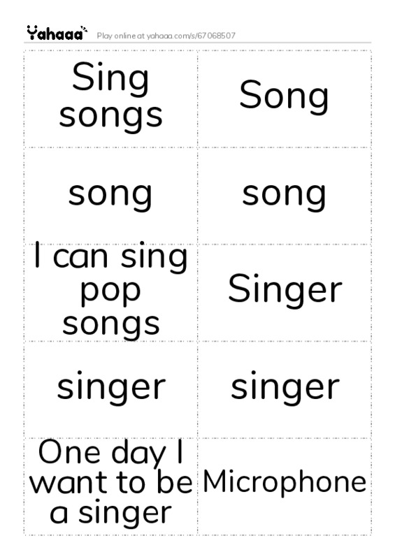 Word flashcards worksheet for Sing songs, Song, song and 10 more