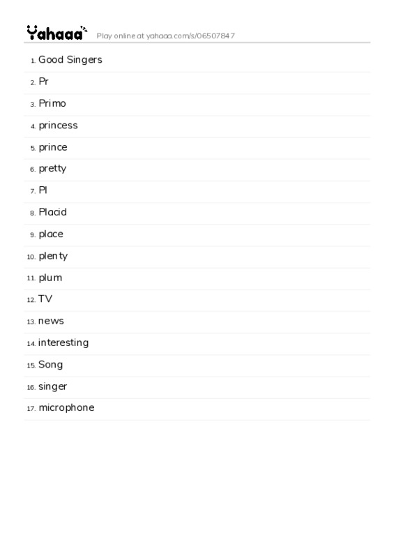 Word list with meanings worksheet for Good Singers, Pr, Primo and 14 more