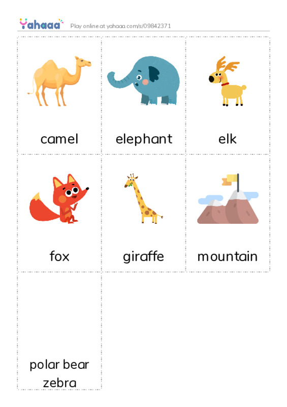 Picture flashcards worksheet for camel, elephant, elk and 4 more