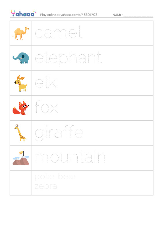 Picture and word rows worksheet for camel, elephant, elk and 4 more