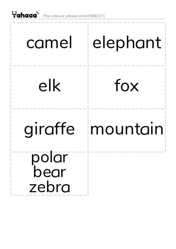 Word flashcards worksheet for camel, elephant, elk and 4 more