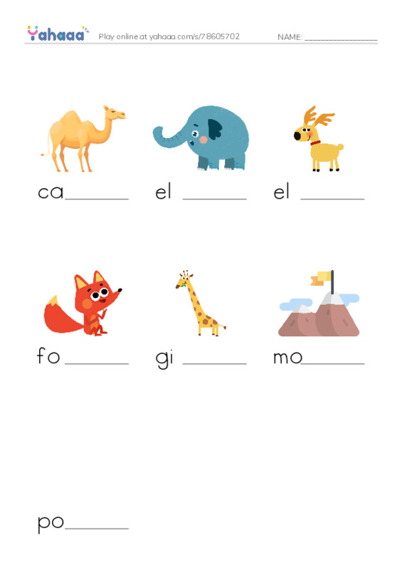 Finish the word worksheet for camel, elephant, elk and 4 more