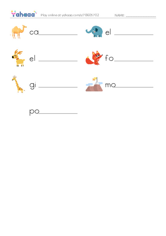 Write the word rows worksheet for camel, elephant, elk and 4 more