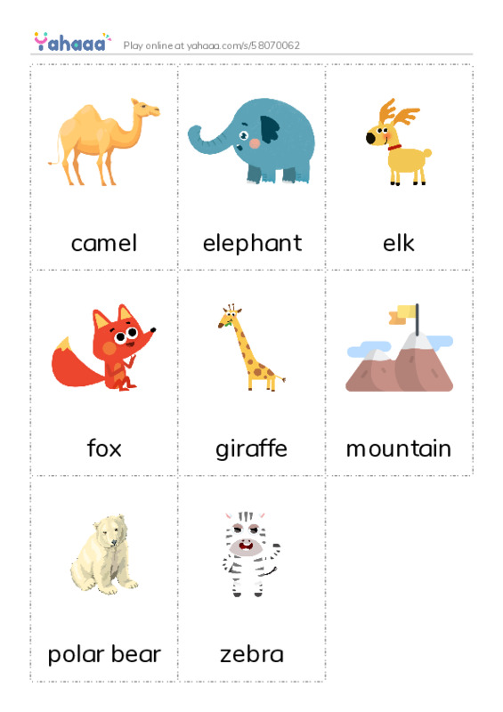 Picture flashcards worksheet for camel, elephant, elk and 5 more