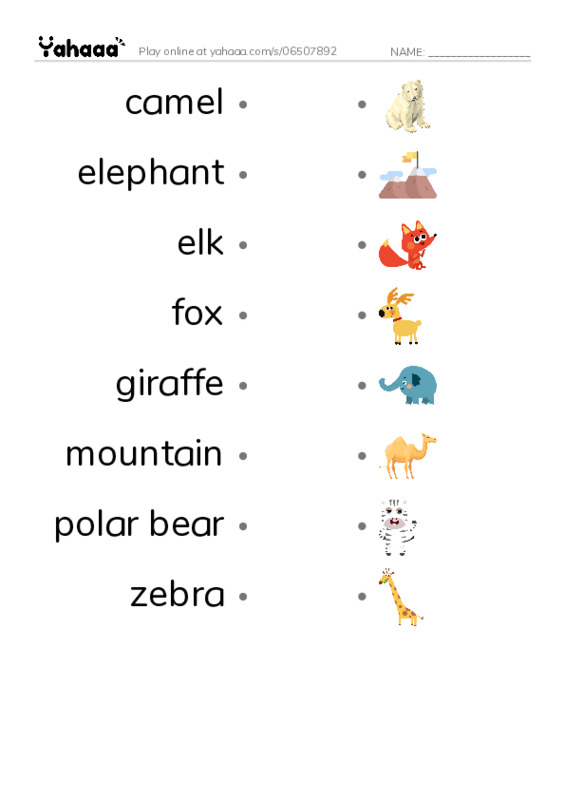 Draw a line to match worksheet for camel, elephant, elk and 5 more