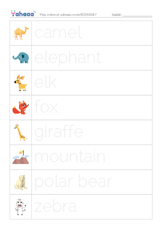 Picture and word rows worksheet for camel, elephant, elk and 5 more