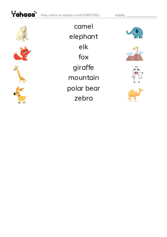 Match both sides worksheet for camel, elephant, elk and 5 more