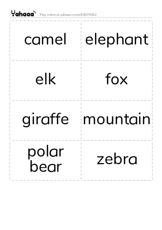 Word flashcards worksheet for camel, elephant, elk and 5 more