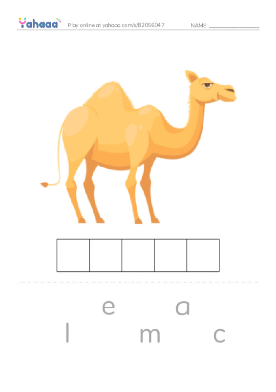 Letter scramble puzzle worksheet for camel, elephant, elk and 5 more