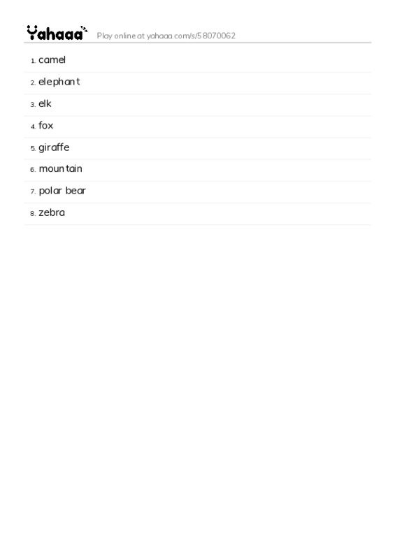 Word list with meanings worksheet for camel, elephant, elk and 5 more