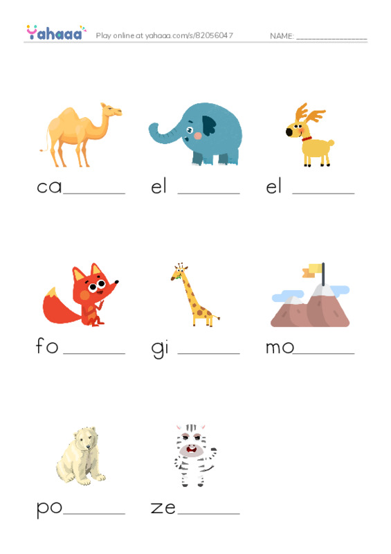 Finish the word worksheet for camel, elephant, elk and 5 more