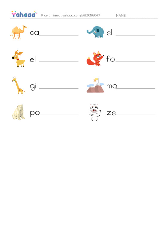 Write the word rows worksheet for camel, elephant, elk and 5 more