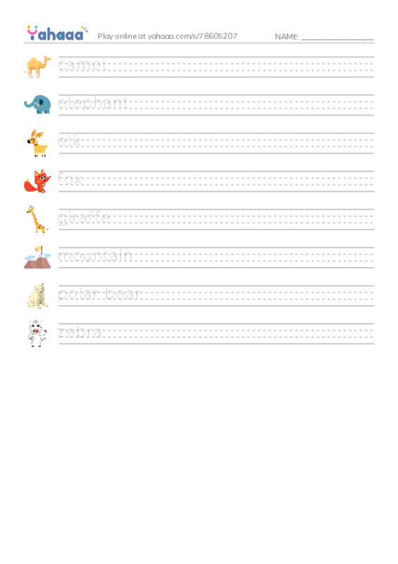 Handwriting lines worksheet for camel, elephant, elk and 5 more