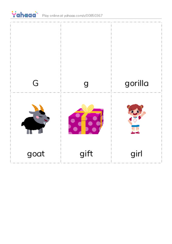 Picture flashcards worksheet for G, g, gorilla and 3 more