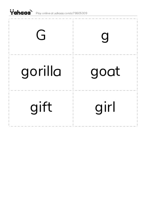 Word flashcards worksheet for G, g, gorilla and 3 more