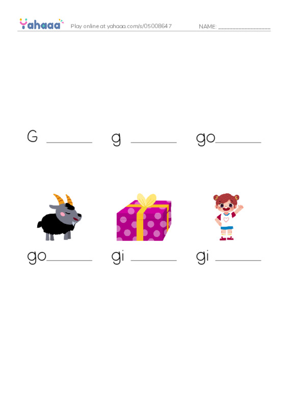 Finish the word worksheet for G, g, gorilla and 3 more