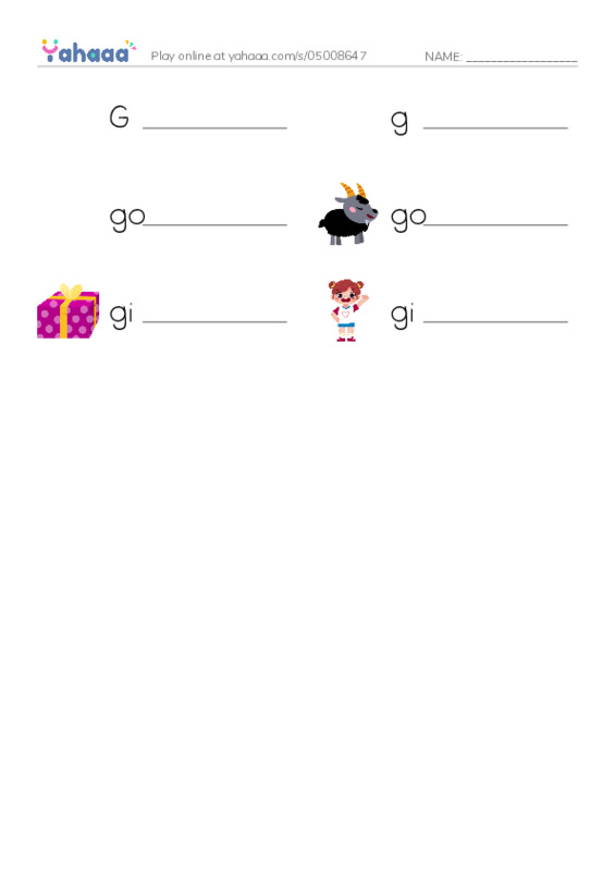 Write the word rows worksheet for G, g, gorilla and 3 more