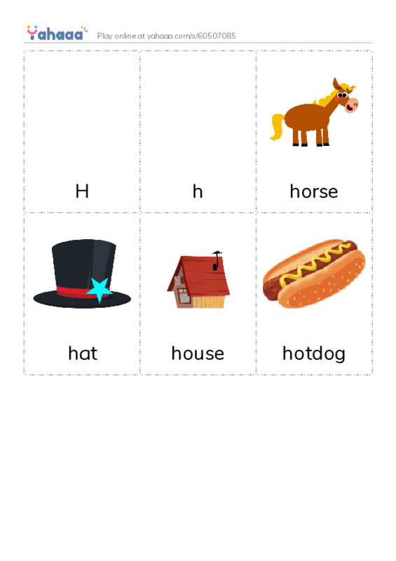 Picture flashcards worksheet for H, h, horse and 3 more