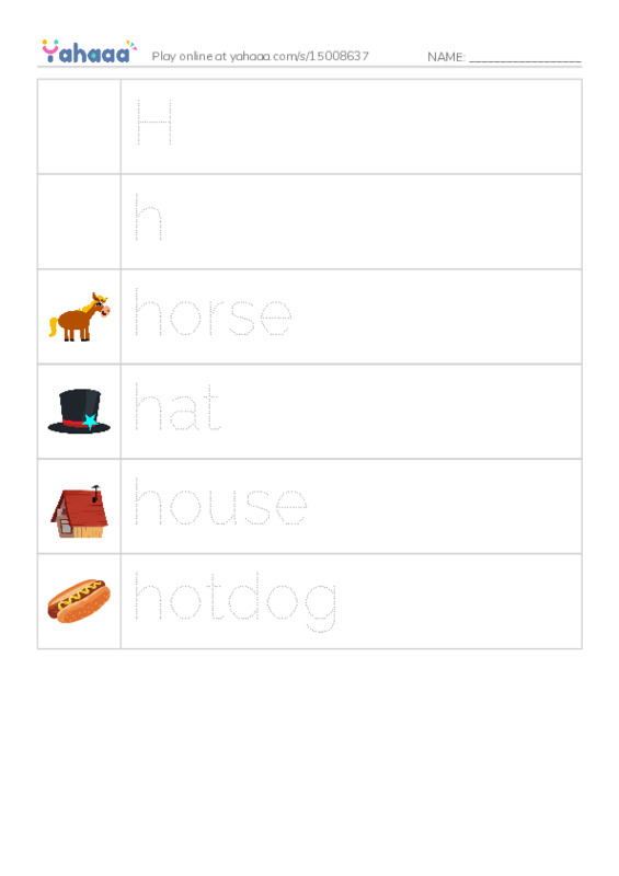 Picture and word rows worksheet for H, h, horse and 3 more